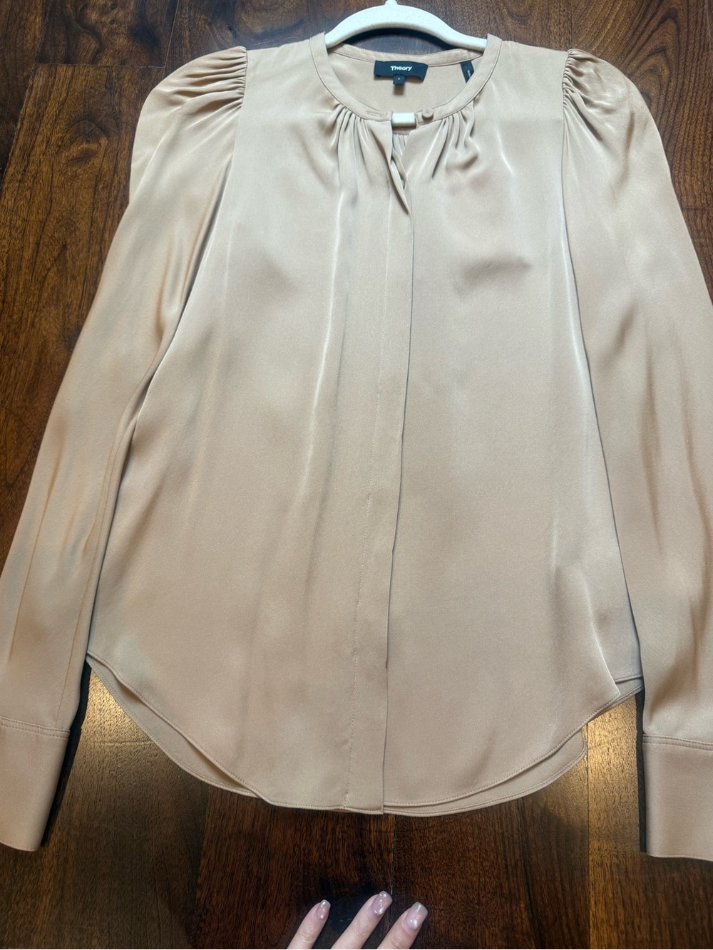Theory Camel Tan Long-Sleeve Silk Blouse NWT - Picture 3 of 7